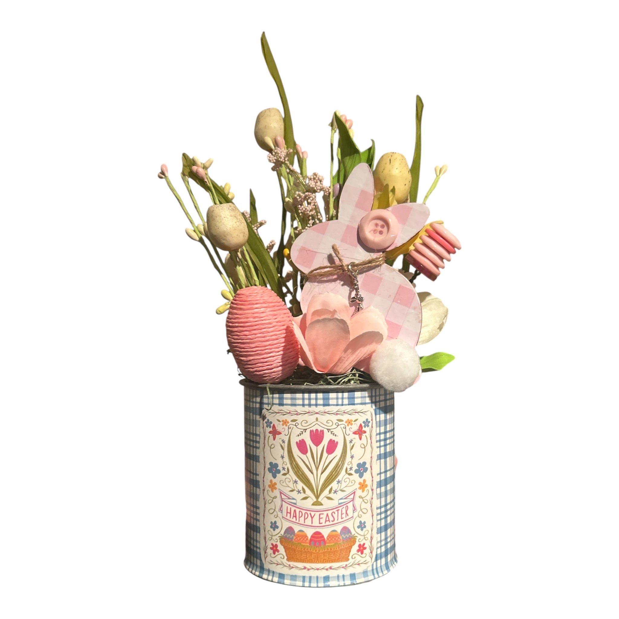 Happy Easter arrangement with pink gingham bunny