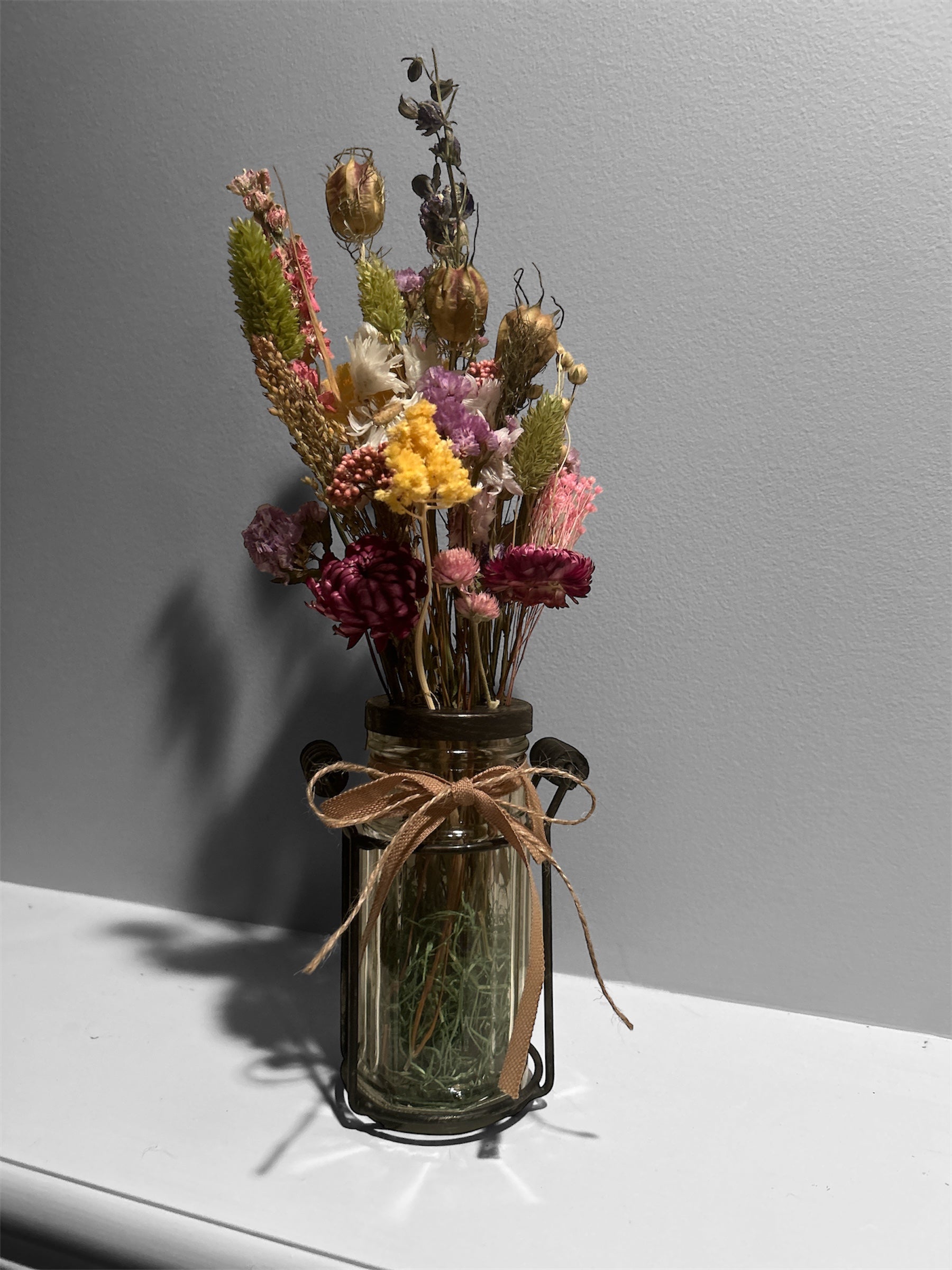 Spring Flower arrangement with Dried Flowers - Rustic glass/metal vase