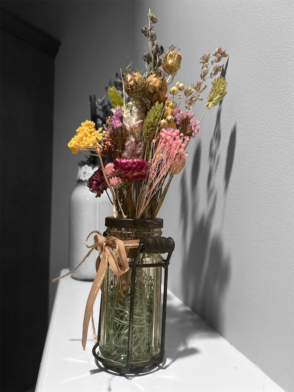 Spring Flower arrangement with Dried Flowers - Rustic glass/metal vase