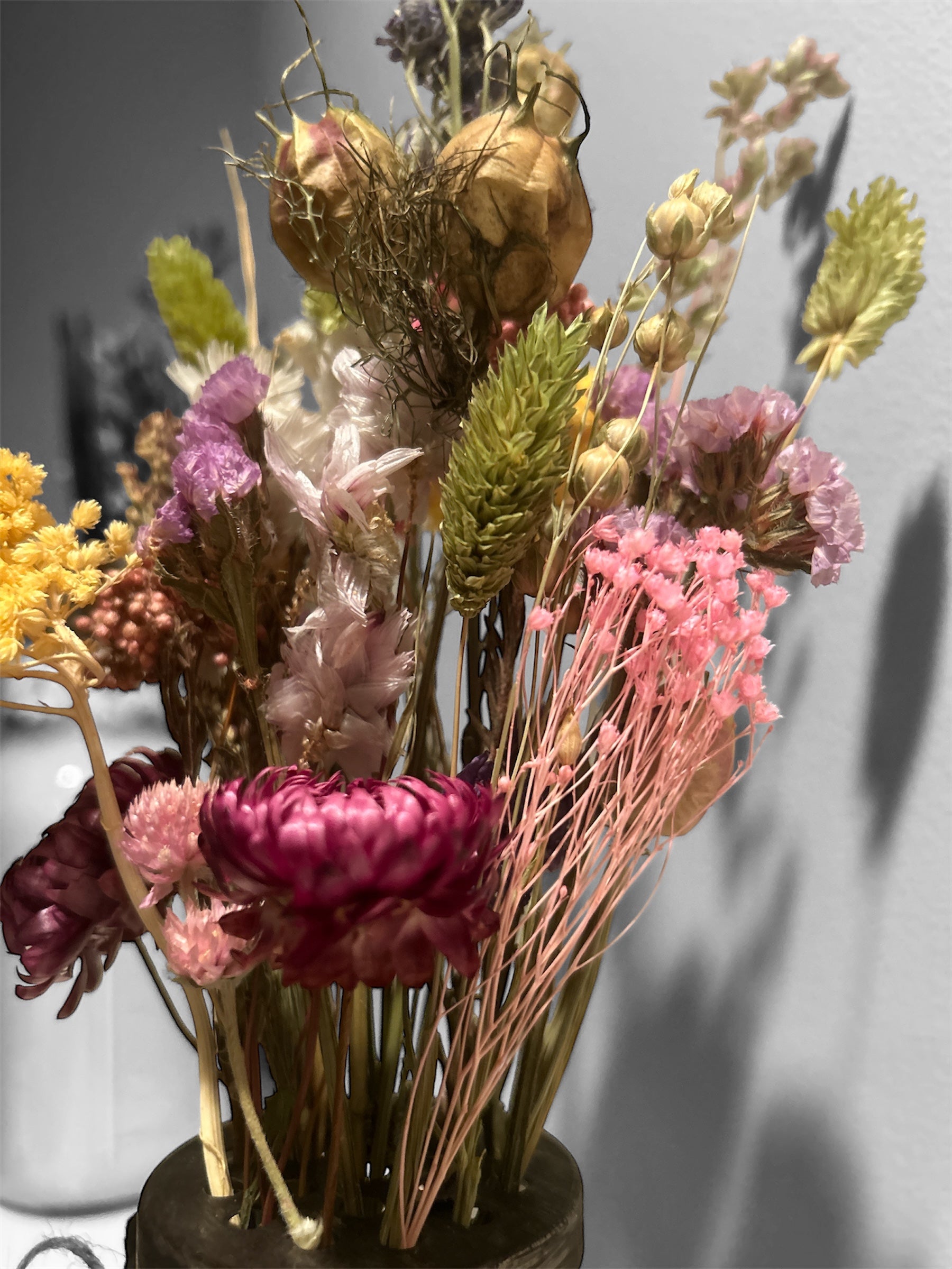 Spring Flower arrangement with Dried Flowers - Rustic glass/metal vase