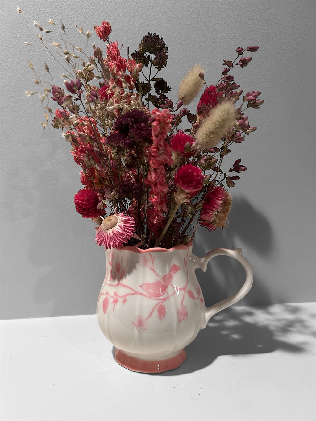 Pink Songbird Porcelain Creamer with "Everlasting" Dried Wildflower Bouquet