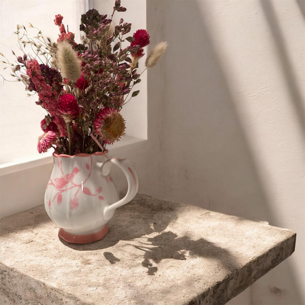 Pink Songbird Porcelain Creamer with "Everlasting" Dried Wildflower Bouquet