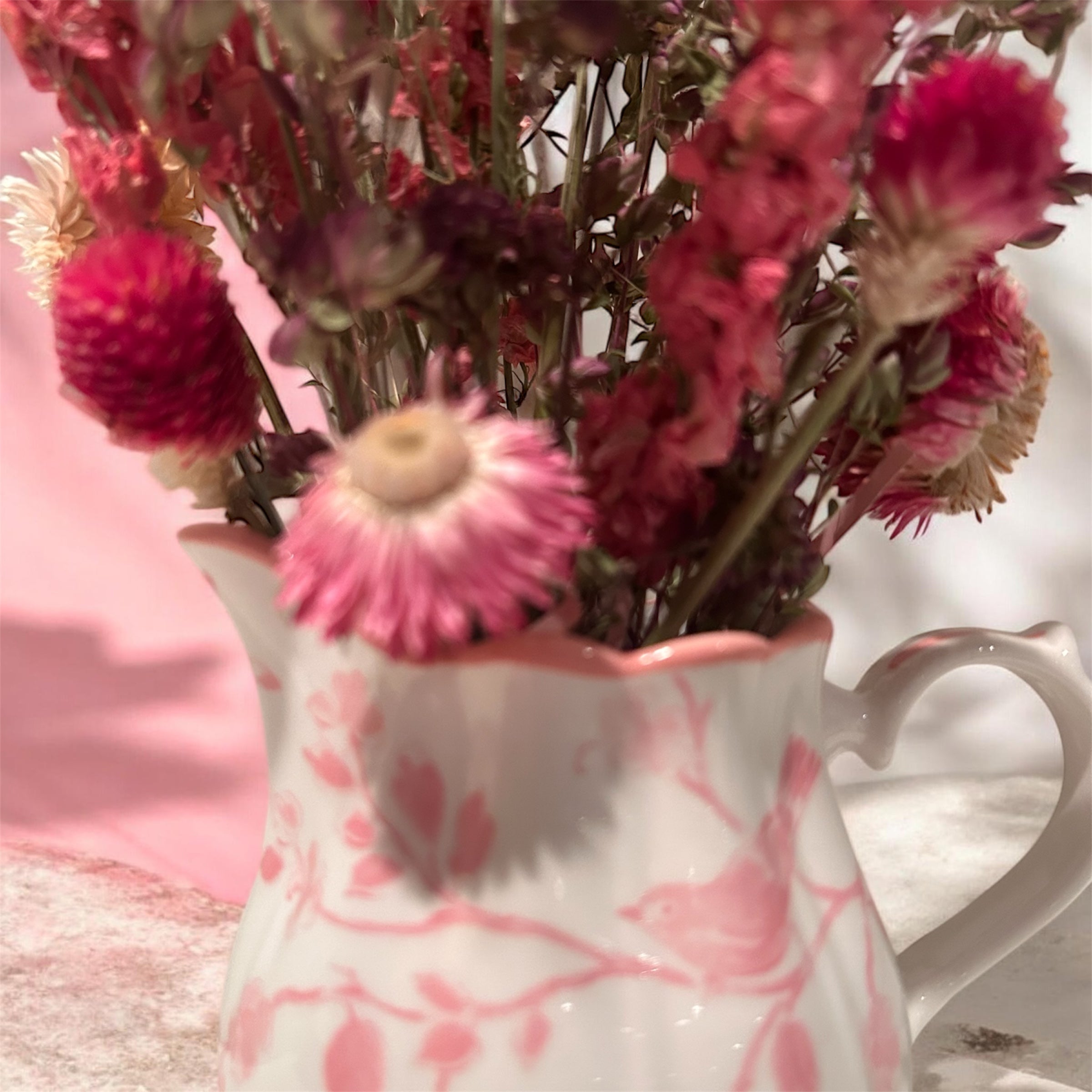 Pink Songbird Porcelain Creamer with "Everlasting" Dried Wildflower Bouquet