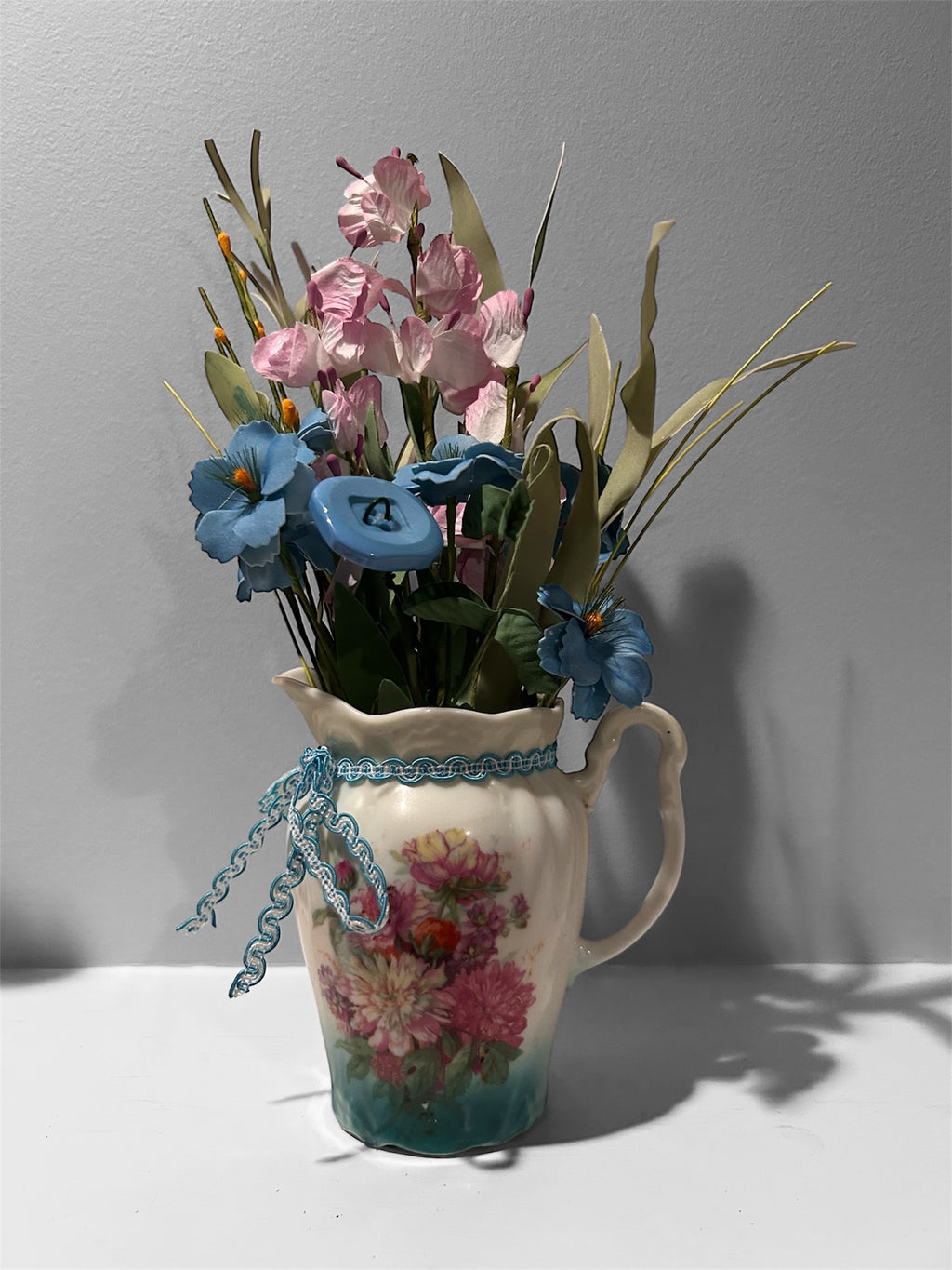 Vintage Floral Porcelain Creamer with Blue & Pink Artisan Bouquet