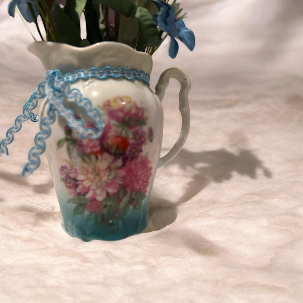 Vintage Floral Porcelain Creamer with Blue & Pink Artisan Bouquet