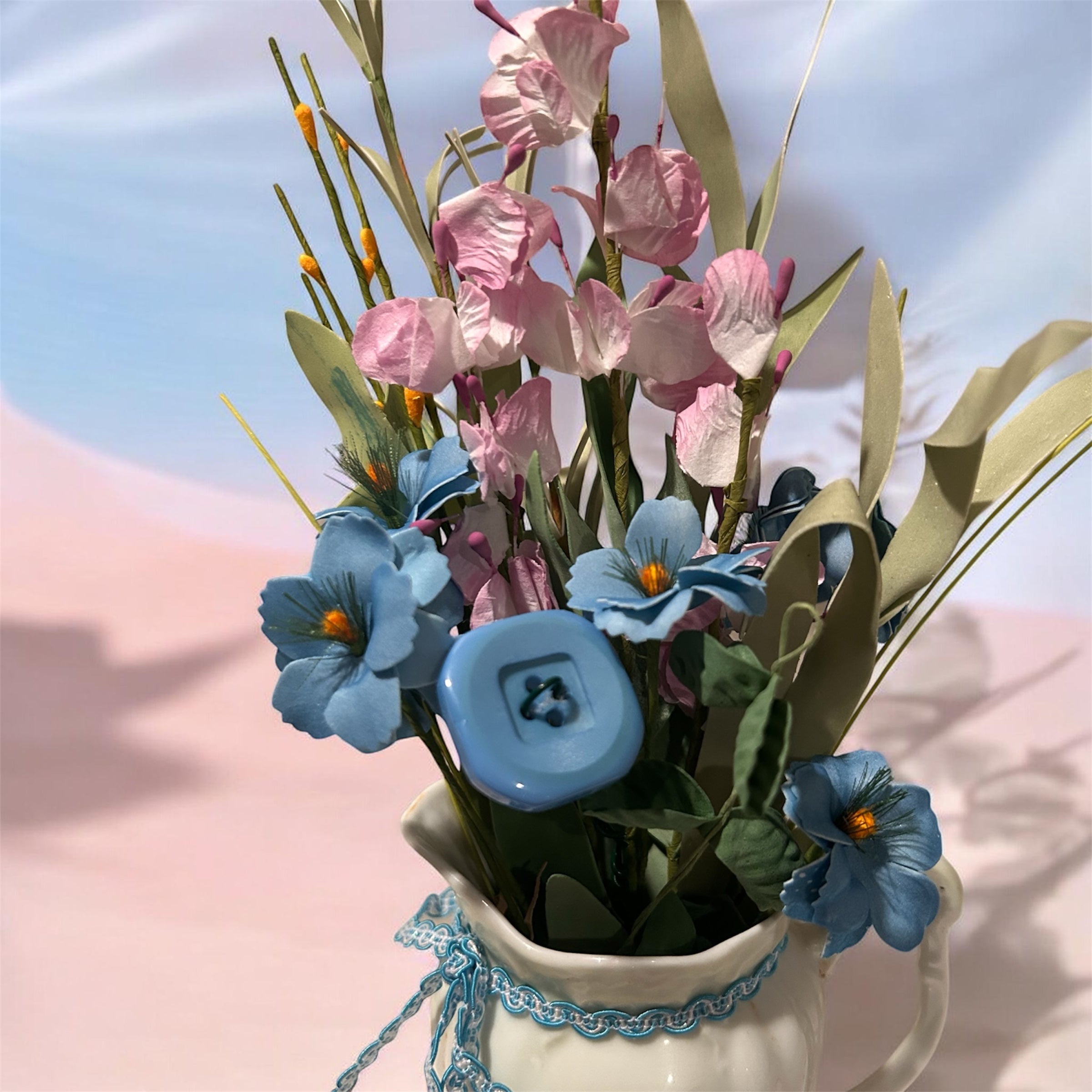 Vintage Floral Porcelain Creamer with Blue & Pink Artisan Bouquet