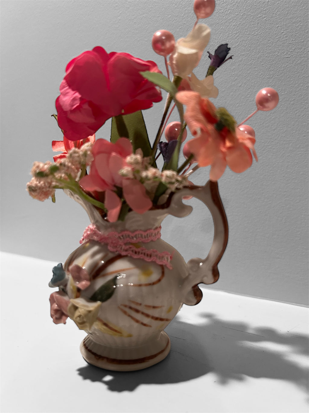 Victorian Porcelain Creamer with Hand-Applied Roses & Romantic Floral Bouquet