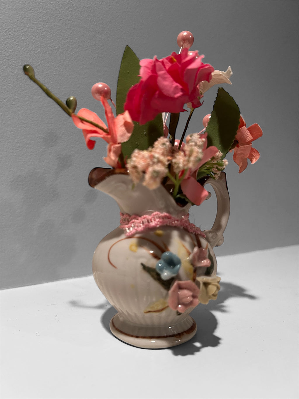Victorian Porcelain Creamer with Hand-Applied Roses & Romantic Floral Bouquet