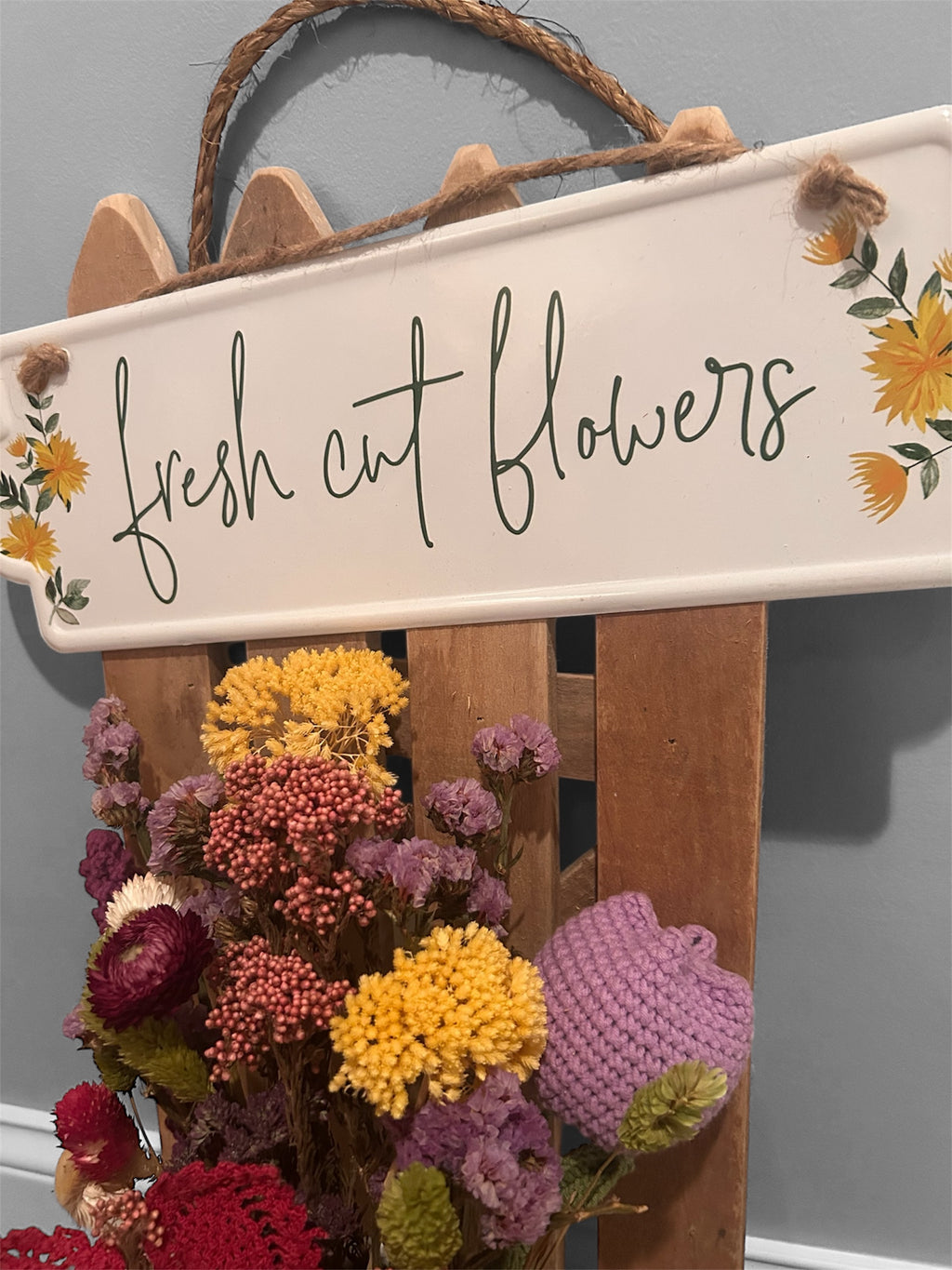 Fresh Flowers Picket Fence hanging - handcrafted