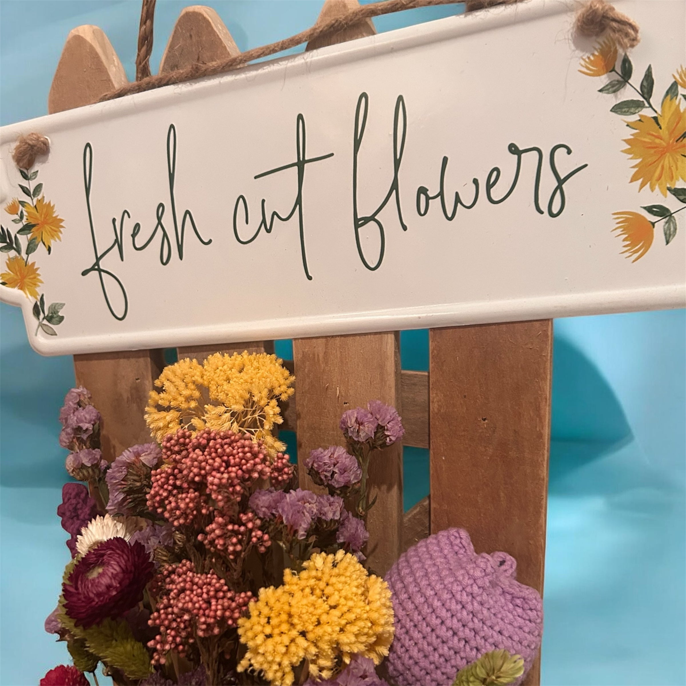 Fresh Flowers Picket Fence hanging - handcrafted