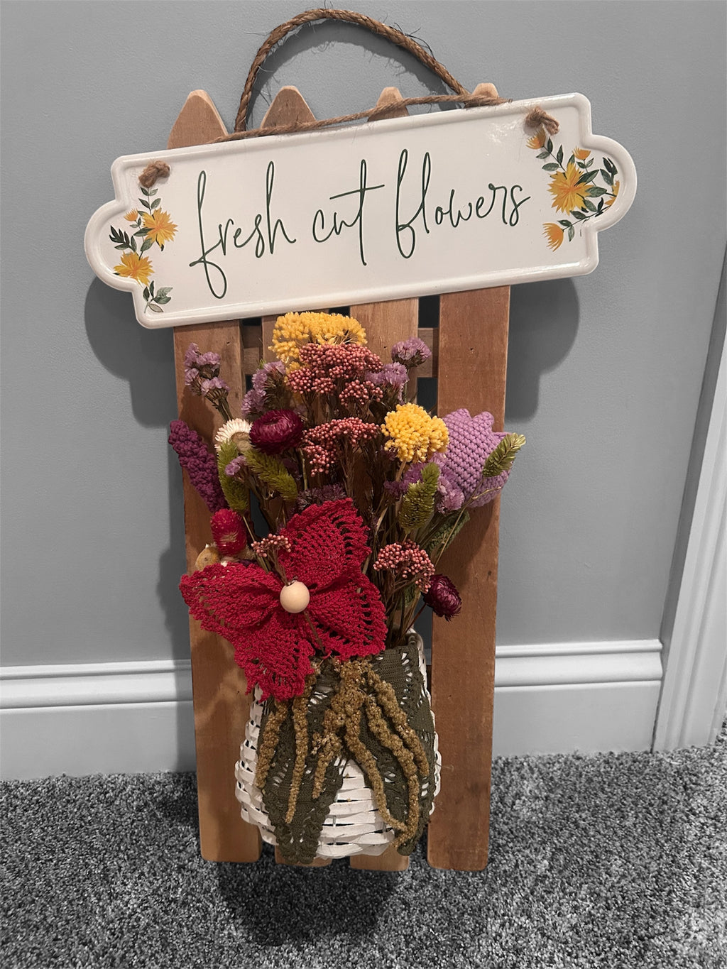 Fresh Flowers Picket Fence hanging - handcrafted