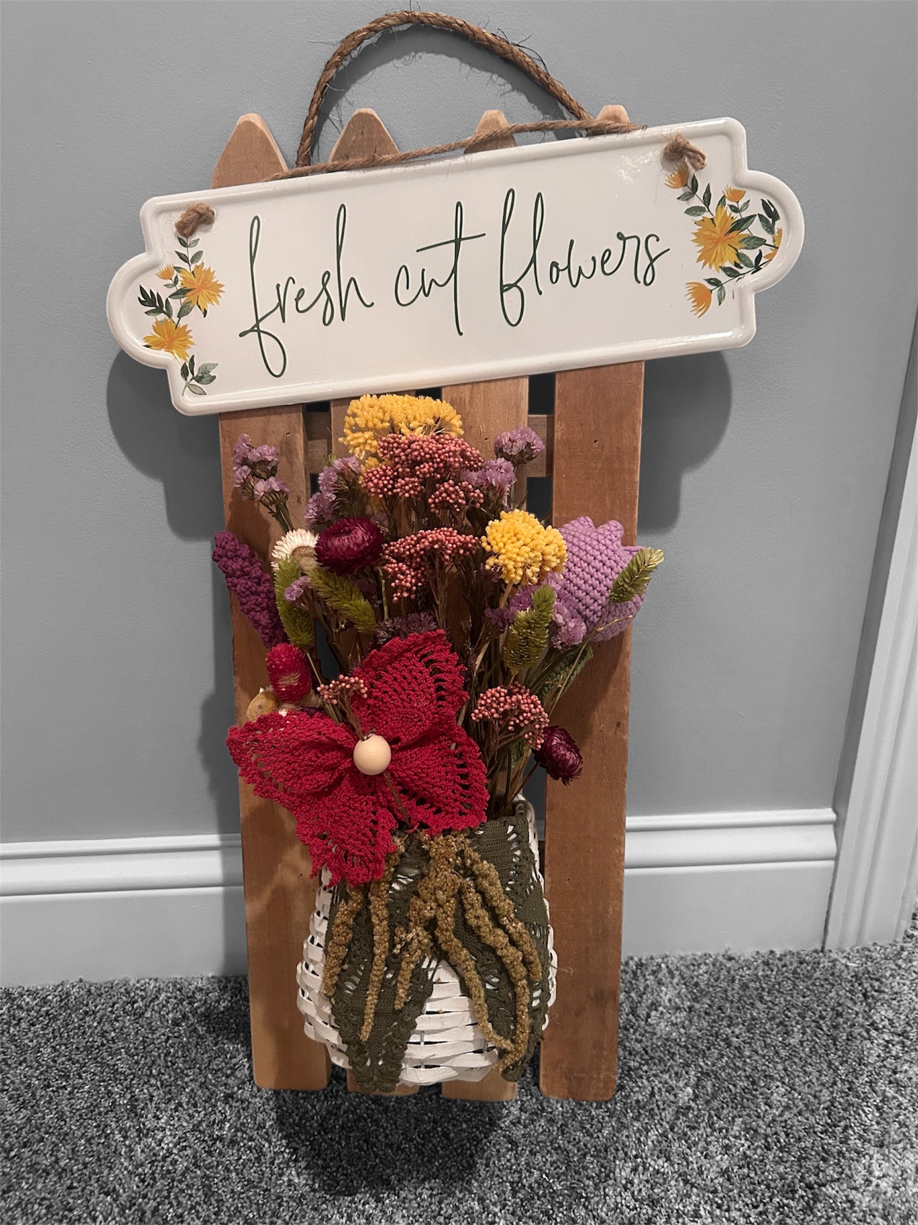 Fresh Flowers Picket Fence hanging - handcrafted