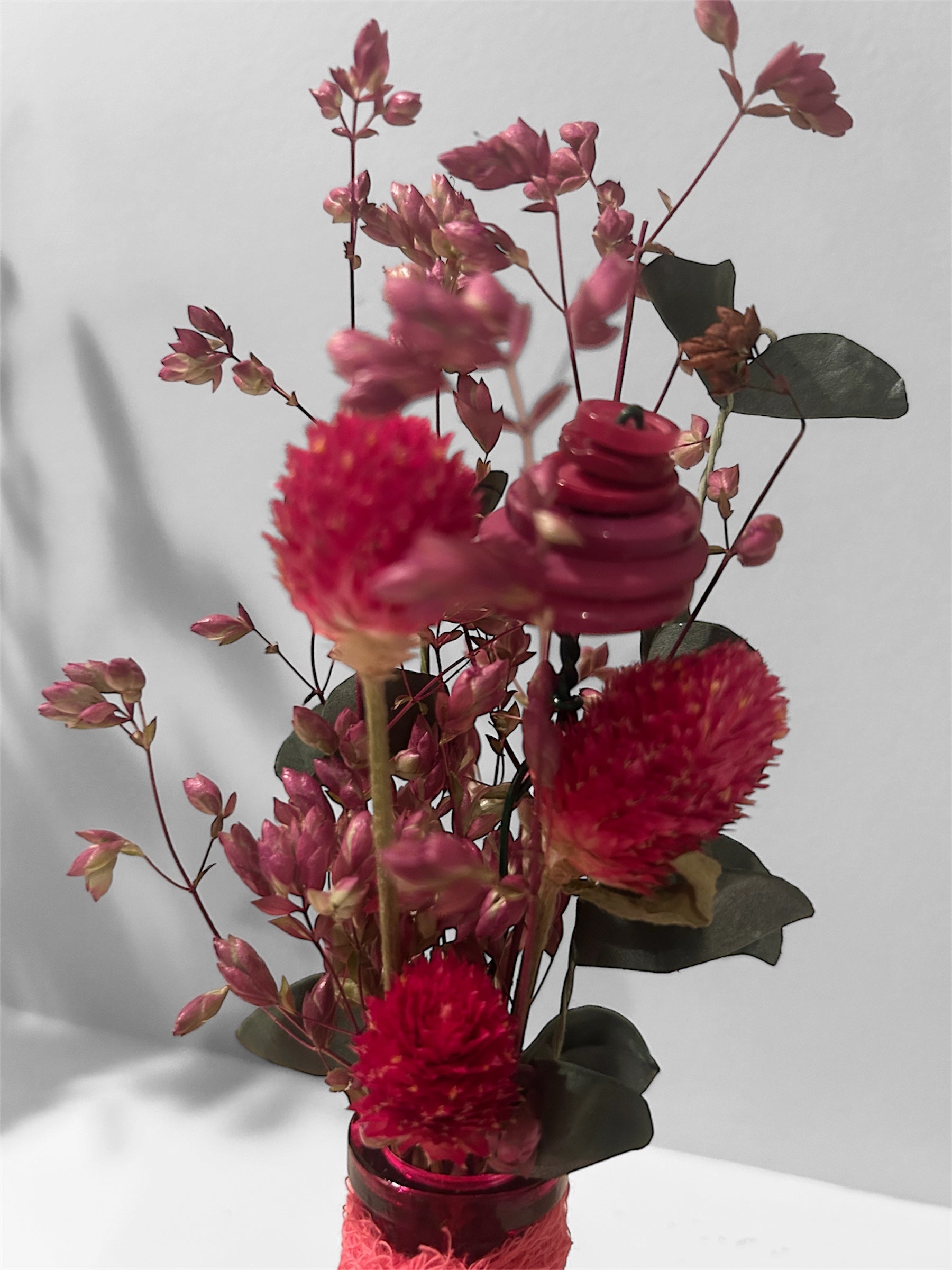Ruby Glass Bud Vase with Crimson Dried Floral & Berry Arrangement – Romantic Boho Decor