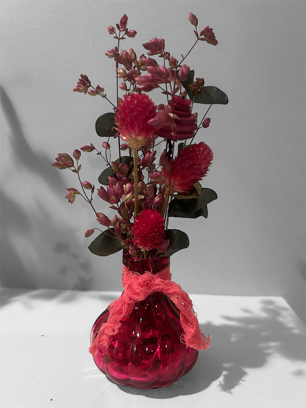 Ruby Glass Bud Vase with Crimson Dried Floral & Berry Arrangement – Romantic Boho Decor