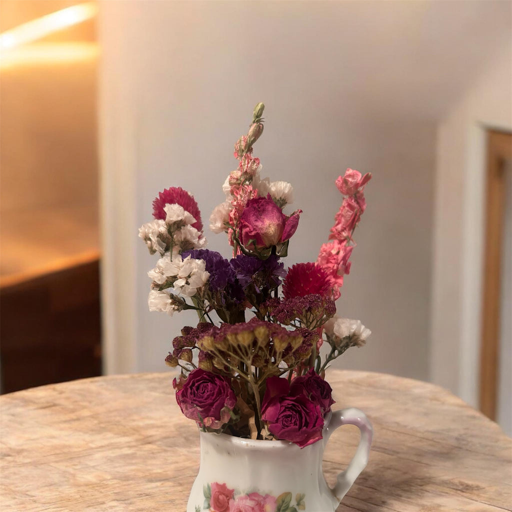Victorian Rose Creamer with Dried Wildflower Bouquet