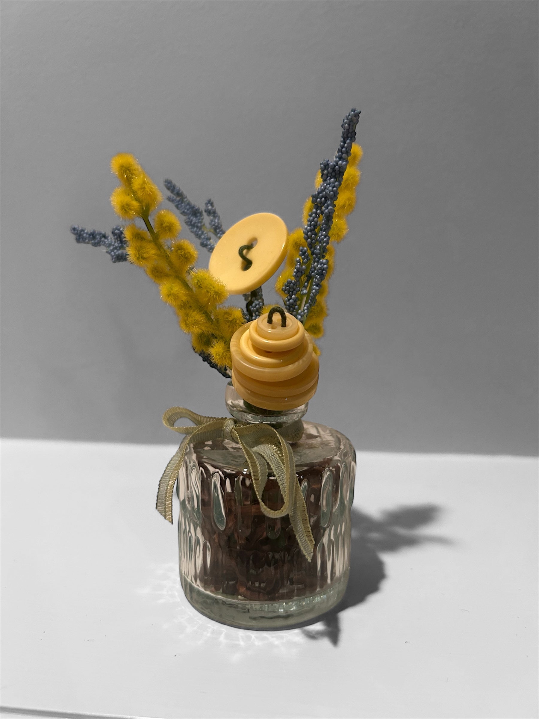 Miniature "Honey and Lavender" Bud Vase – Whimsical Yellow Button and Floral Accent