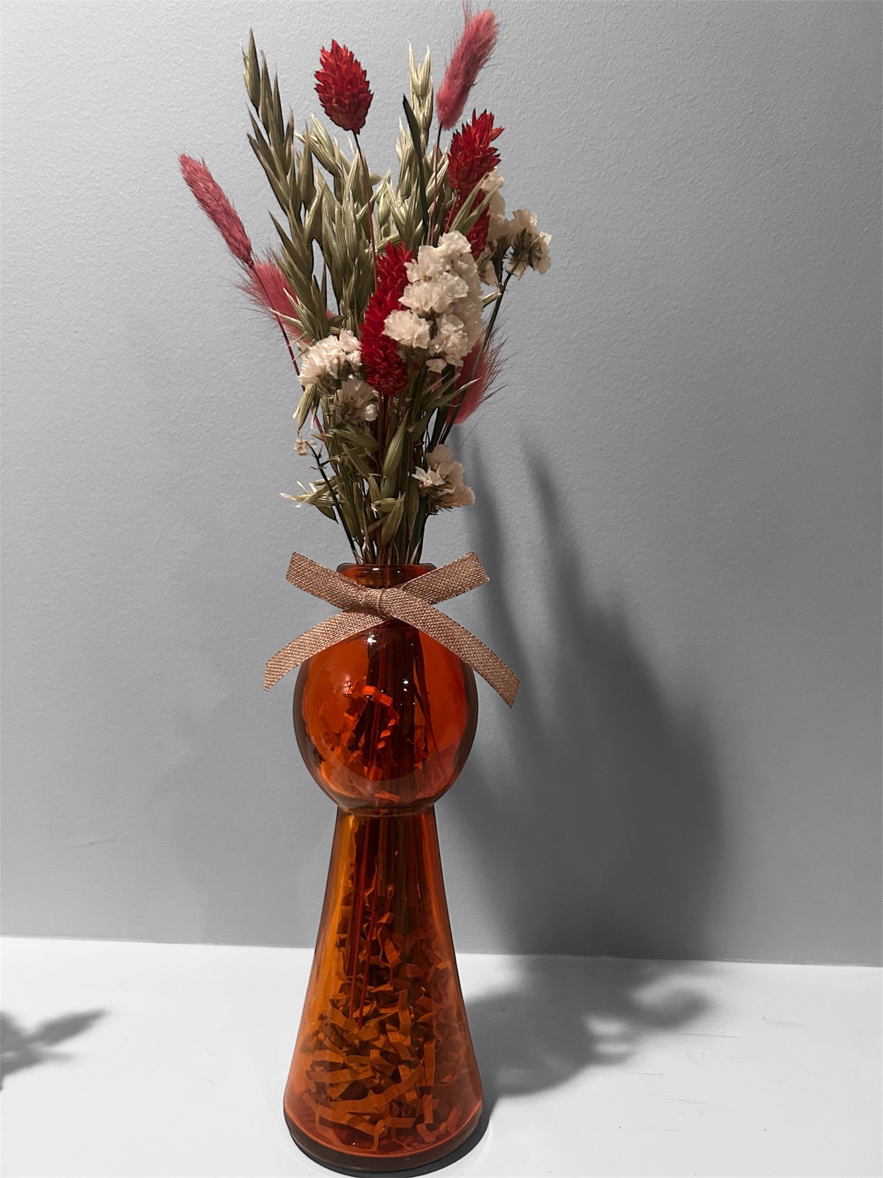 Amber Glass Totem Bud Vase with Crimson & Cream Dried Floral Bouquet