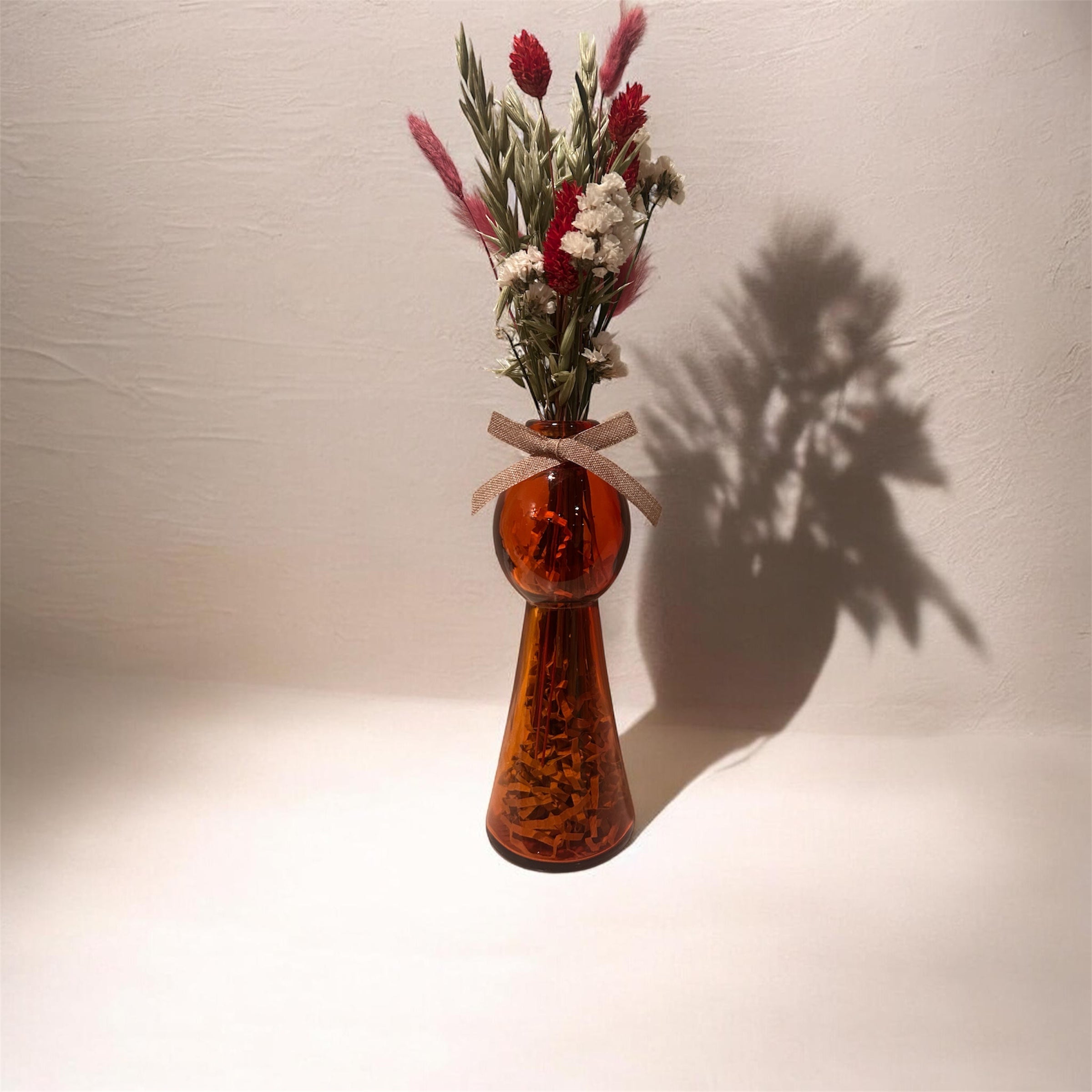 Amber Glass Totem Bud Vase with Crimson & Cream Dried Floral Bouquet
