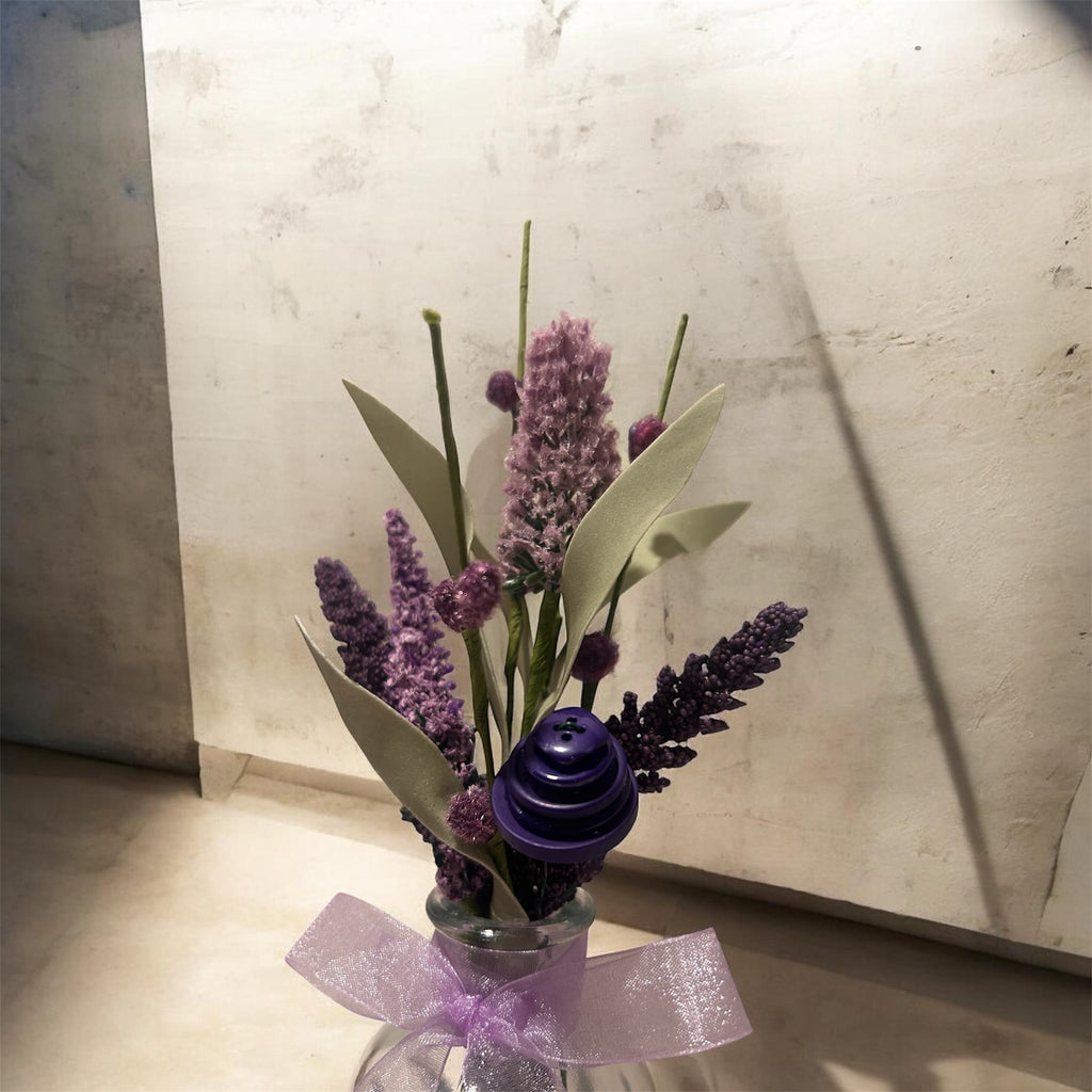 Lavender & Wildflower Apothecary Bottle Arrangement – Rustic Purple Floral Decor