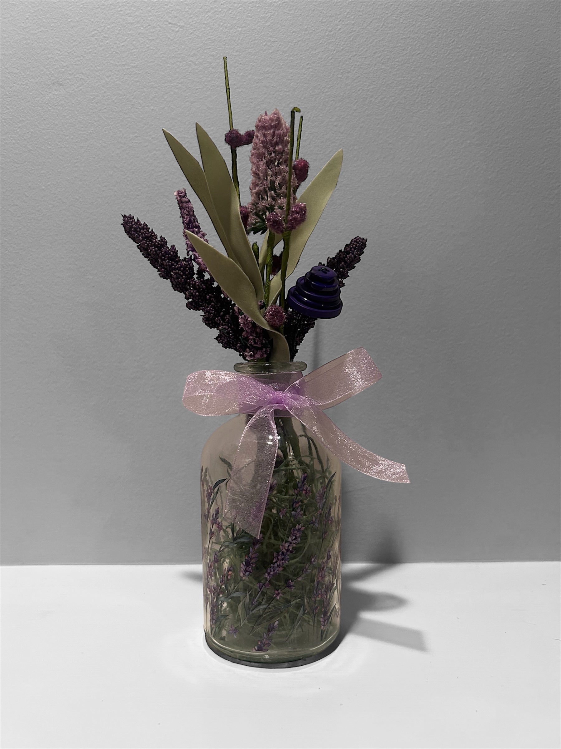 Lavender & Wildflower Apothecary Bottle Arrangement – Rustic Purple Floral Decor