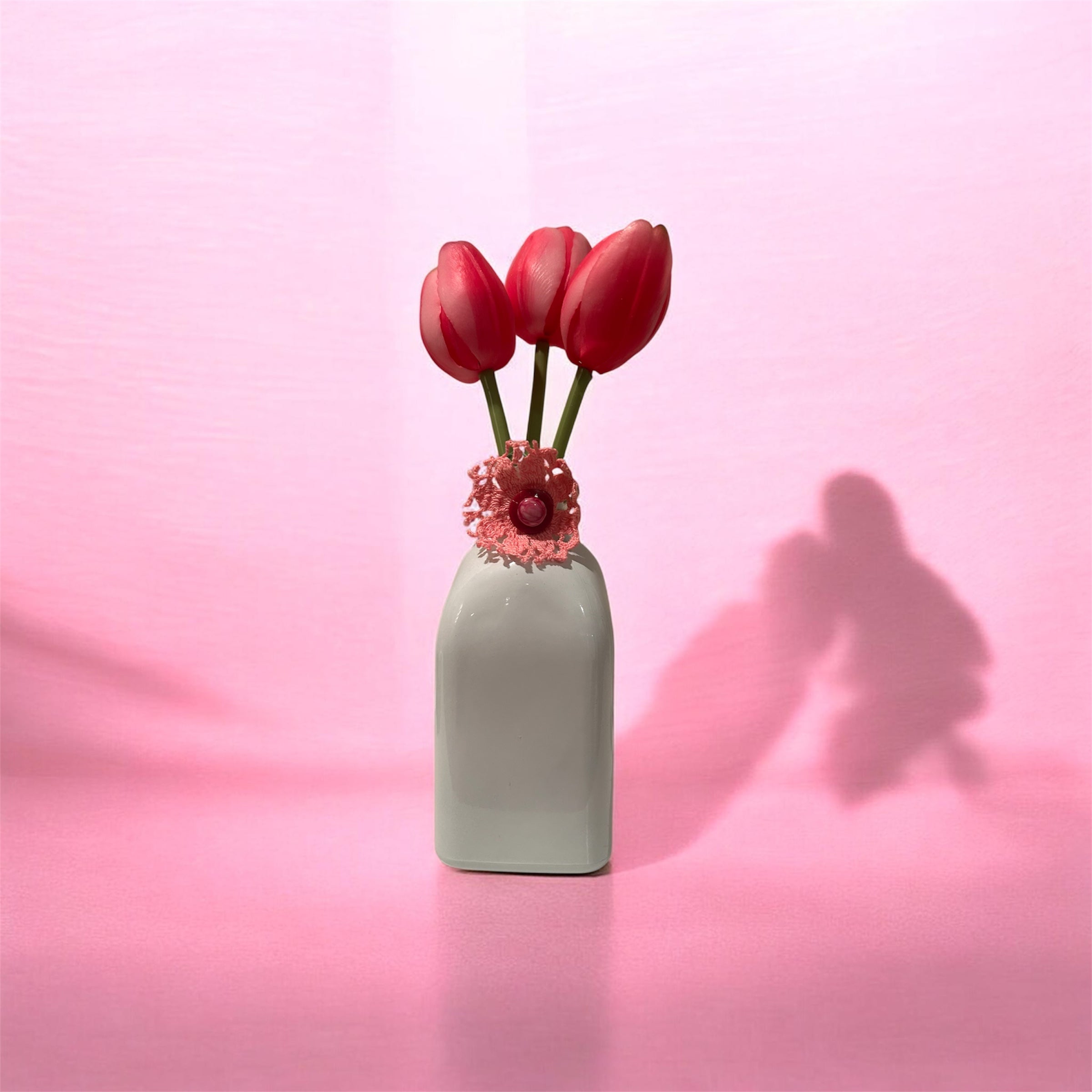 Artisan White Ceramic Bud Vase with Pink Tulips – Handmade Crochet Accent