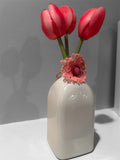 Artisan White Ceramic Bud Vase with Pink Tulips – Handmade Crochet Accent