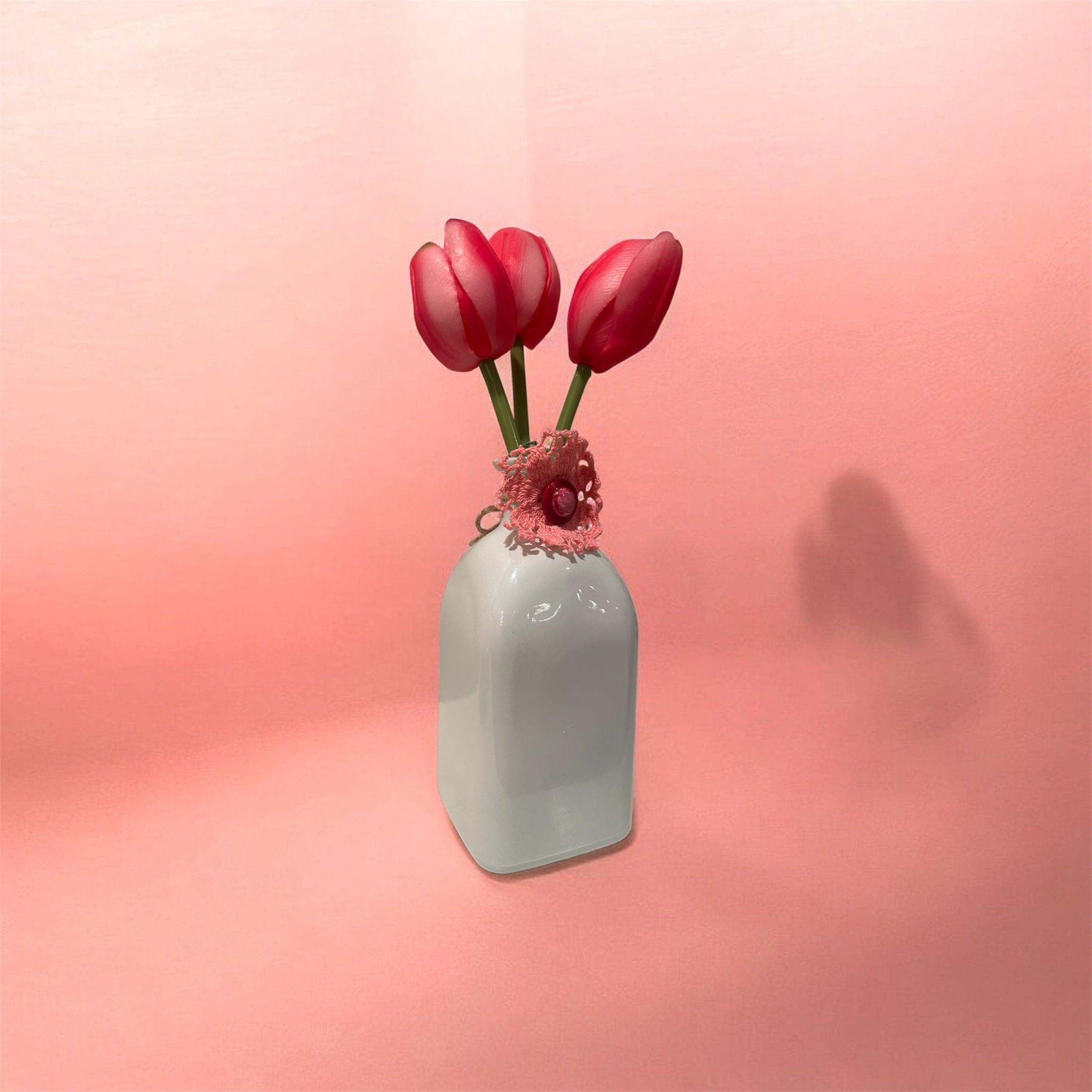 Artisan White Ceramic Bud Vase with Pink Tulips – Handmade Crochet Accent
