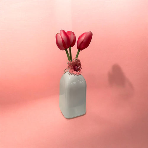 Artisan White Ceramic Bud Vase with Pink Tulips – Handmade Crochet Accent
