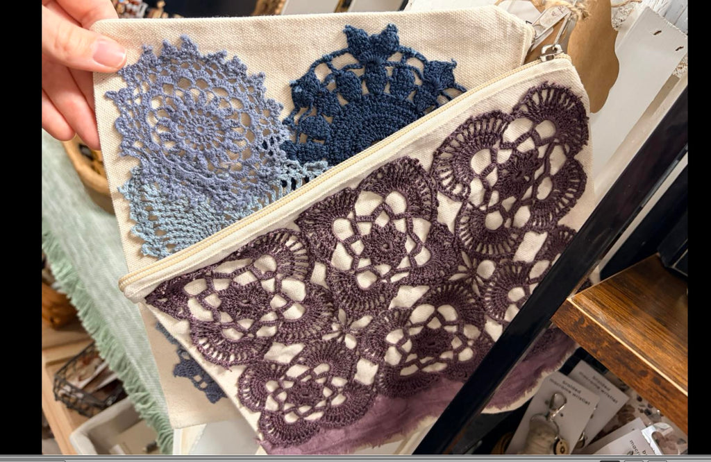 Large cosmetic bag with hand sewn doily decor