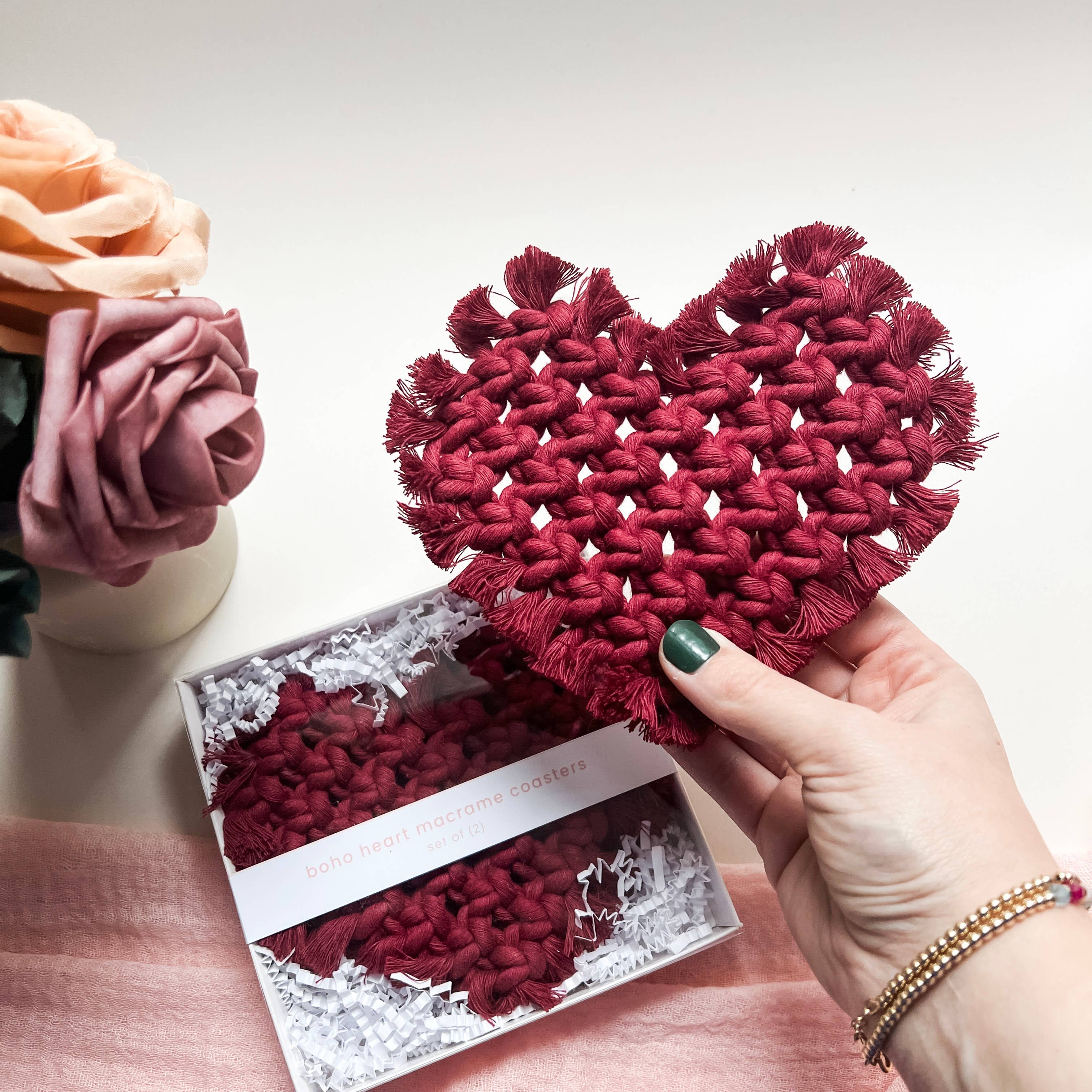 Heart coaster set | boho valentine's macrame
