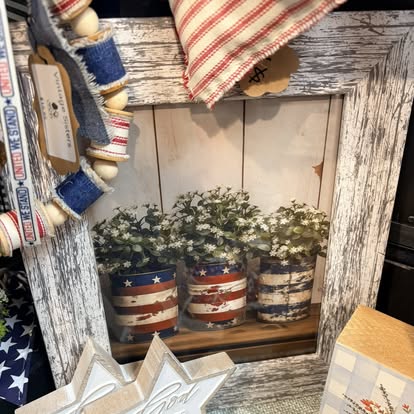 8 x 10 Americana cans with flowers - white distressed frame
