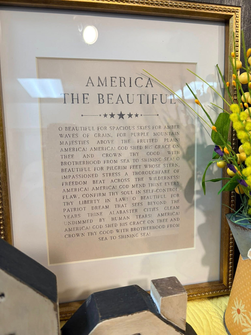 11 x 14 America the Beautiful poem print -  matted in gold frame