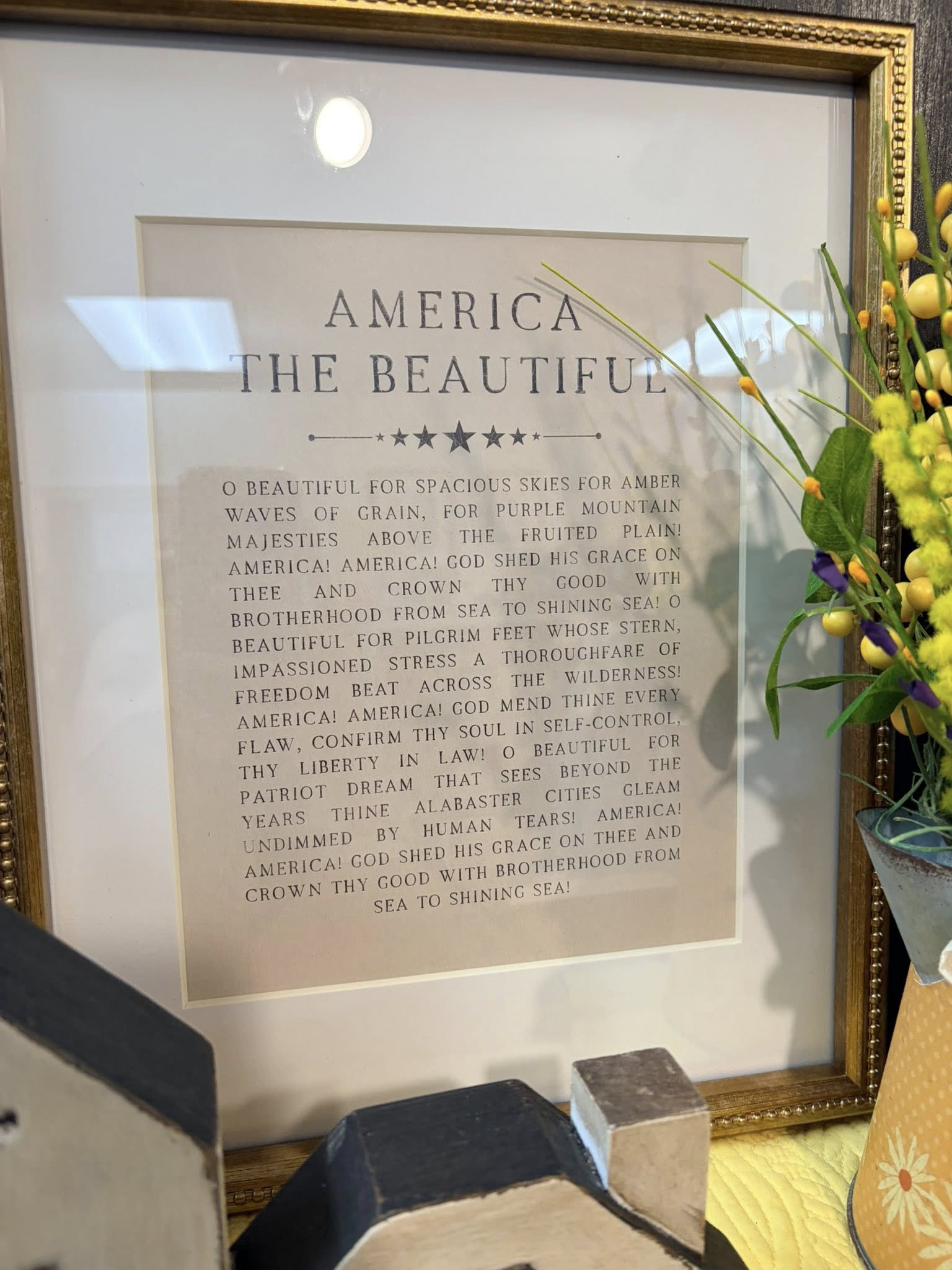 11 x 14 America the Beautiful poem print -  matted in gold frame