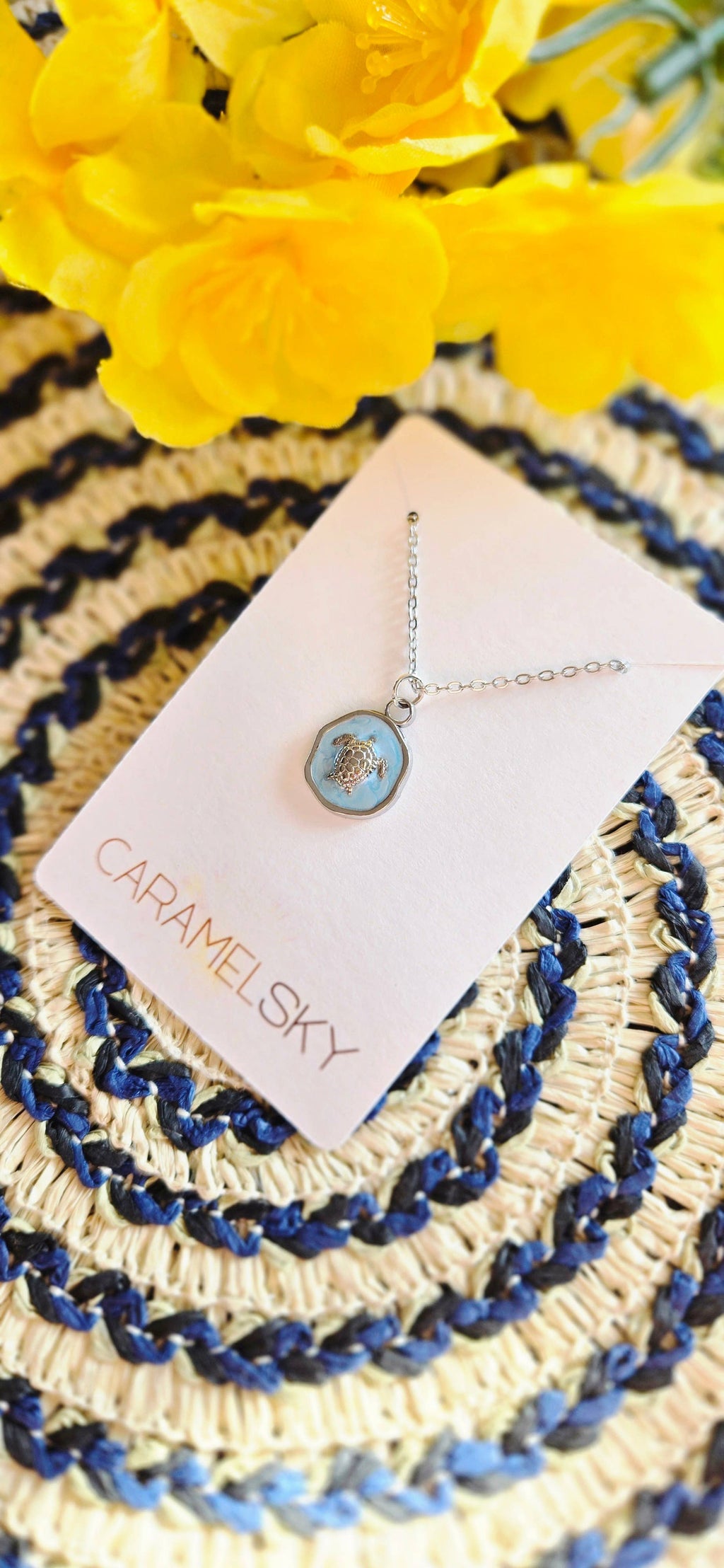 Blue Sea Turtle Necklace, Stainless Steel Beach Pendant