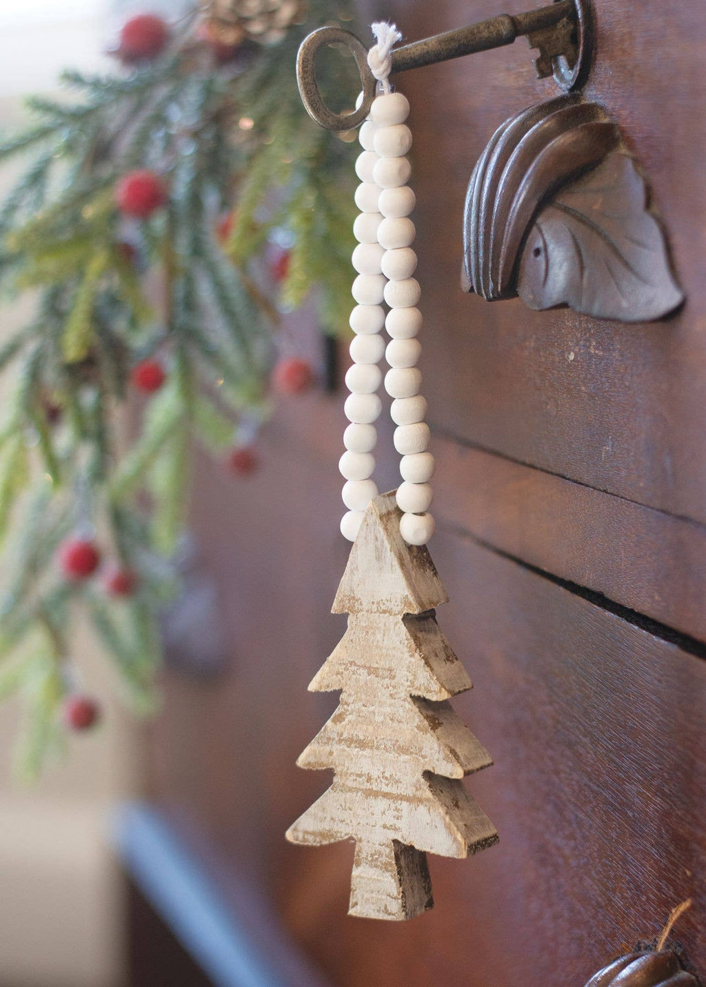 Distressed Wooden Tree Beaded Ornament