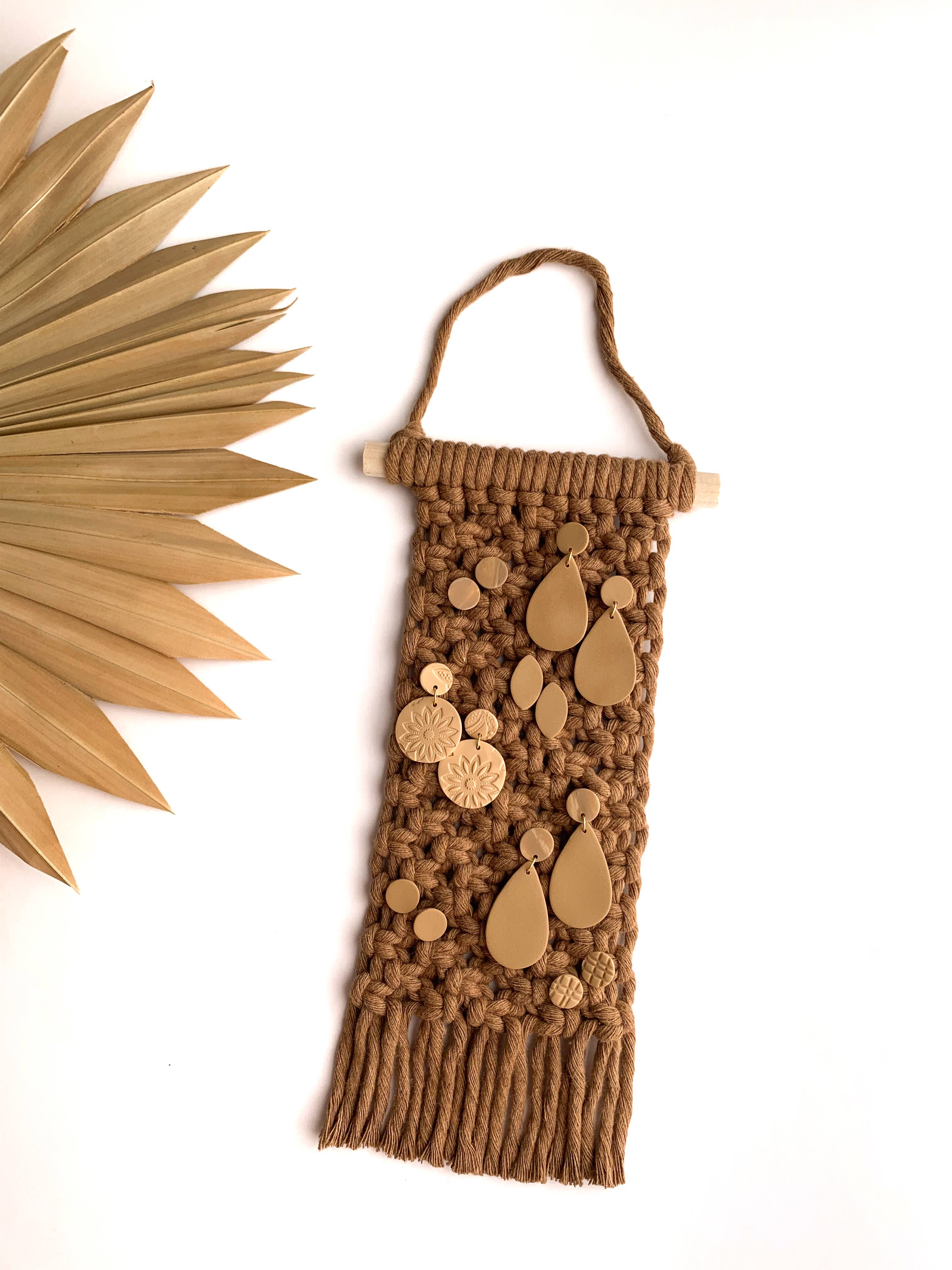 Latte Macrame Earring Holder | Boho Wall Hanging Jewelry Organizer