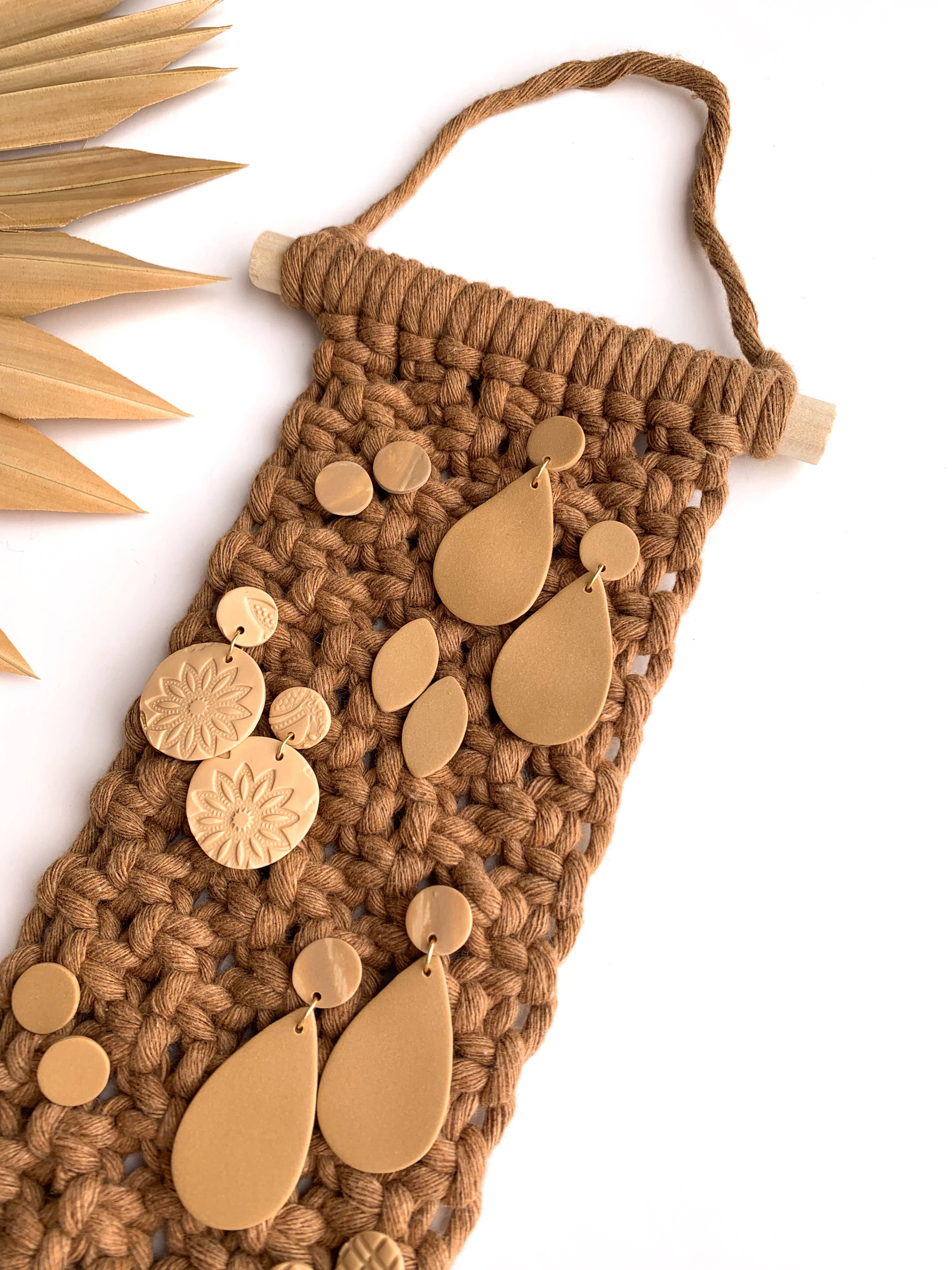 Latte Macrame Earring Holder | Boho Wall Hanging Jewelry Organizer