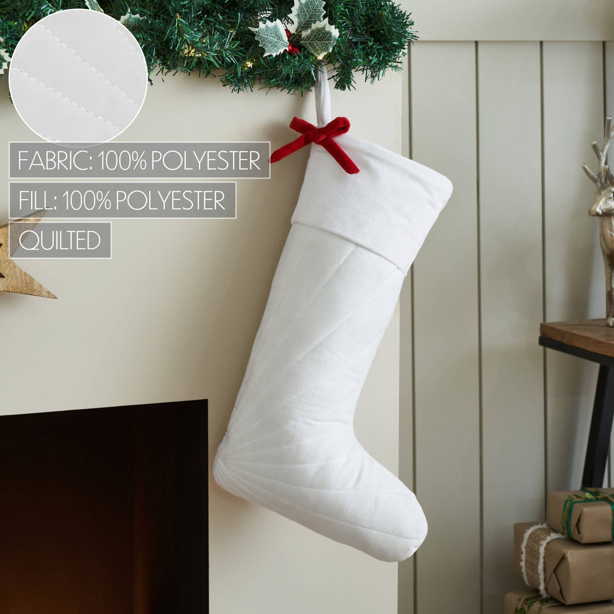 Quilted White Velvet Stocking with Red Bow 11x18