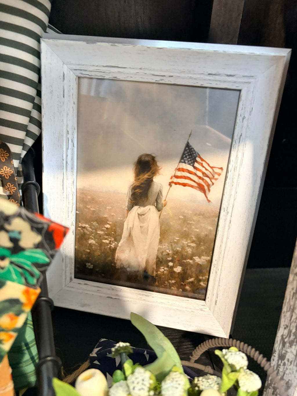 5 x 7 Girl with Flag print - in distressed white frame