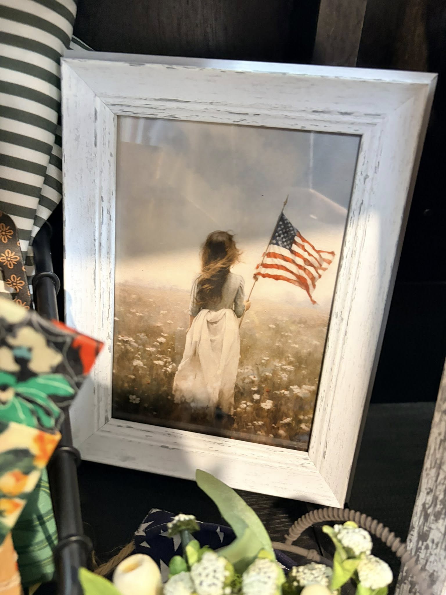 5 x 7 Girl with Flag print - in distressed white frame