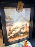 8 x 10 white house with hydrangeas and flag - black frame