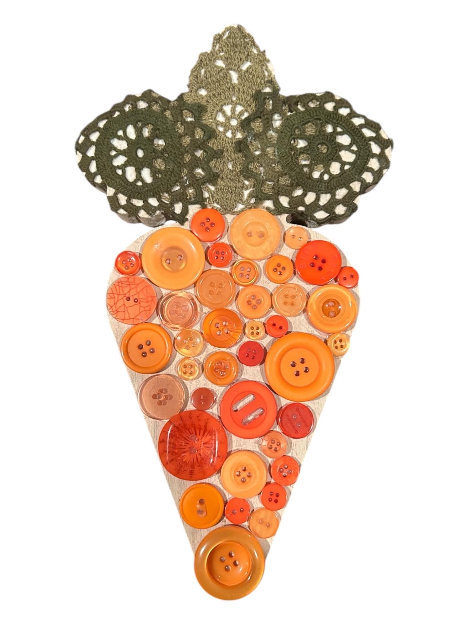 Handmade Rustic Farmhouse Carrot Shelf Sitter - Orange Buttons & Vintage Doilies